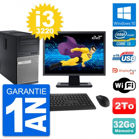 PC Tour Dell 9010 Ecran 22" Intel i3-3220 RAM 32Go Disque 2To Windows 10 Wifi