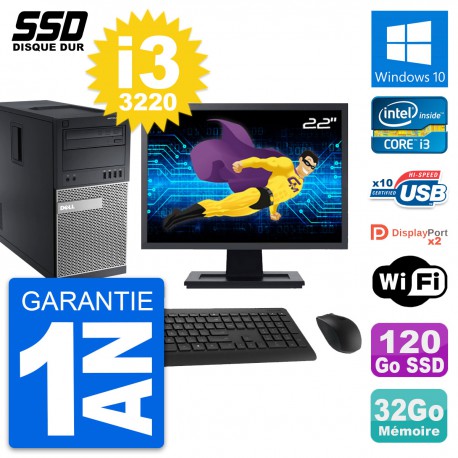 PC Tour Dell 9010 Ecran 22" Intel i3-3220 RAM 32Go SSD 120Go Windows 10 Wifi