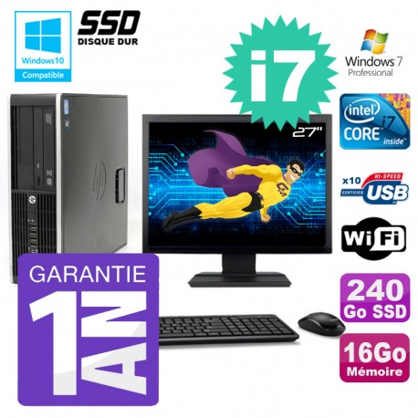 PC HP 8200 SFF Intel I7-2600 16Go Disque 240Go SSD Graveur Wifi W7 Ecran 27"