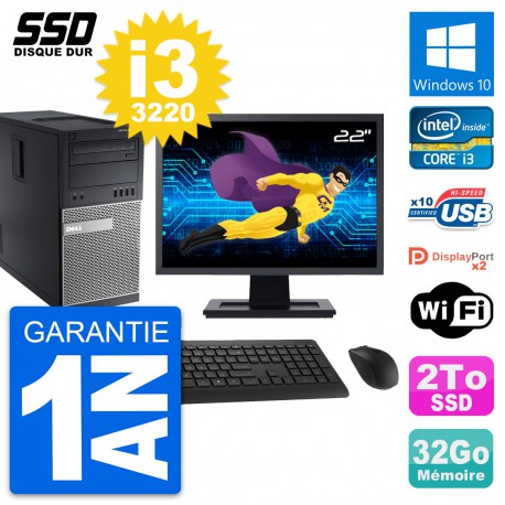 PC Tour Dell 9010 Ecran 22" Intel Core i3-3220 RAM 32Go SSD 2To Windows 10 Wifi