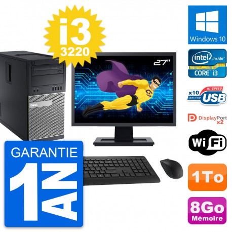PC Tour Dell 9010 Ecran 27" Intel i3-3220 RAM 8Go Disque Dur 1To Windows 10 Wifi