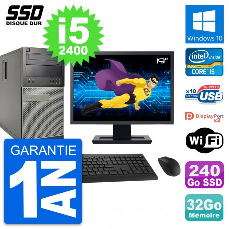 PC Tour Dell 9010 Ecran 19" Intel i5-2400 RAM 32Go SSD 240Go Windows 10 Wifi