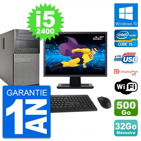 PC Tour Dell 9010 Ecran 22" Intel i5-2400 RAM 32Go Disque 500Go Windows 10 Wifi