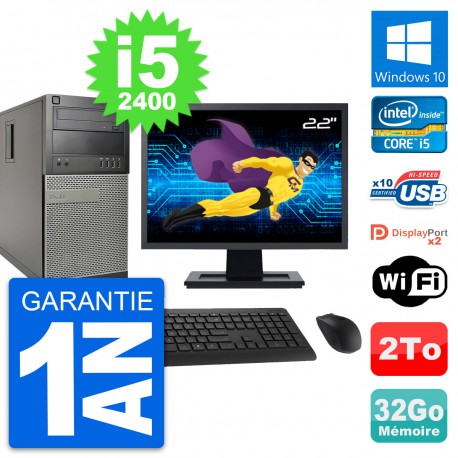 PC Tour Dell 9010 Ecran 22" Intel i5-2400 RAM 32Go Disque 2To Windows 10 Wifi