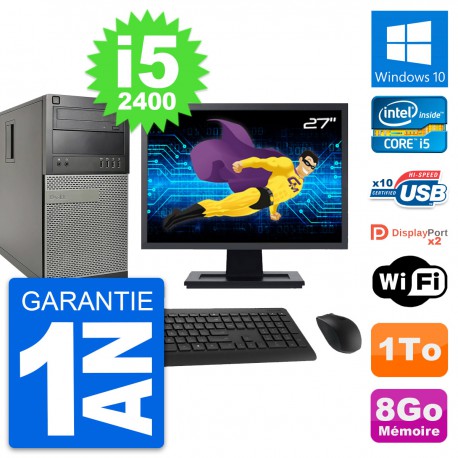 PC Tour Dell 9010 Ecran 27" Intel i5-2400 RAM 8Go Disque Dur 1To Windows 10 Wifi