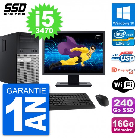 PC Tour Dell 9010 Ecran 19" Intel i5-3470 RAM 16Go SSD 240Go Windows 10 Wifi