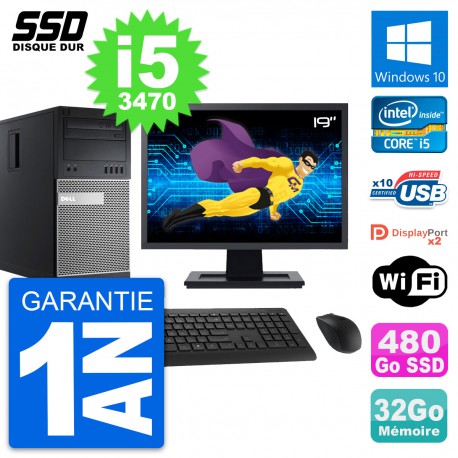 PC Tour Dell 9010 Ecran 19" Intel i5-3470 RAM 32Go SSD 480Go Windows 10 Wifi