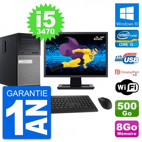 PC Tour Dell 9010 Ecran 22" Intel i5-3470 RAM 8Go Disque 500Go Windows 10 Wifi