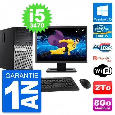 PC Tour Dell 9010 Ecran 22" Intel i5-3470 RAM 8Go Disque Dur 2To Windows 10 Wifi