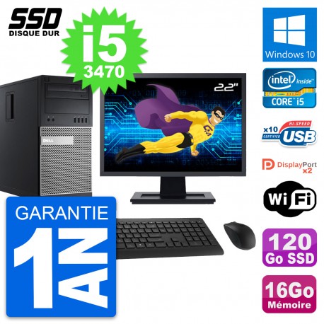PC Tour Dell 9010 Ecran 22" Intel i5-3470 RAM 16Go SSD 120Go Windows 10 Wifi