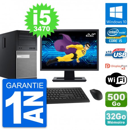 PC Tour Dell 9010 Ecran 22" Intel i5-3470 RAM 32Go Disque 500Go Windows 10 Wifi