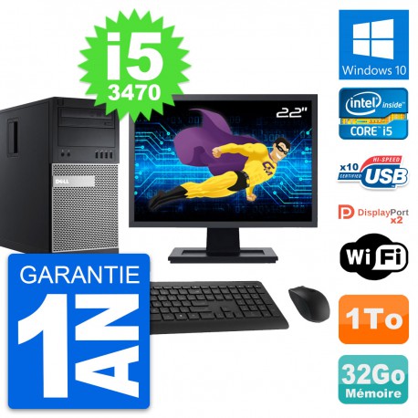 PC Tour Dell 9010 Ecran 22" Intel i5-3470 RAM 32Go Disque 1To Windows 10 Wifi