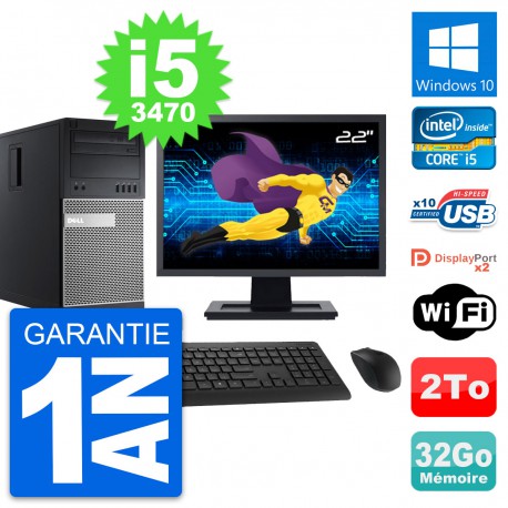 PC Tour Dell 9010 Ecran 22" Intel i5-3470 RAM 32Go Disque 2To Windows 10 Wifi