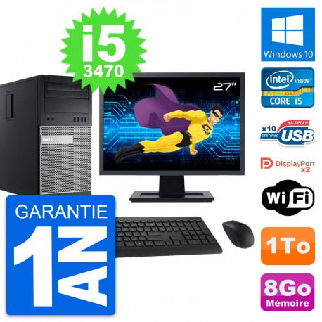 PC Tour Dell 9010 Ecran 27" Intel i5-3470 RAM 8Go Disque Dur 1To Windows 10 Wifi