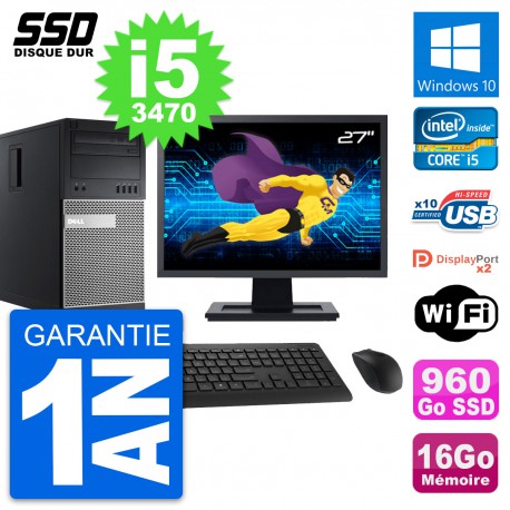PC Tour Dell 9010 Ecran 27" Intel i5-3470 RAM 16Go SSD 960Go Windows 10 Wifi
