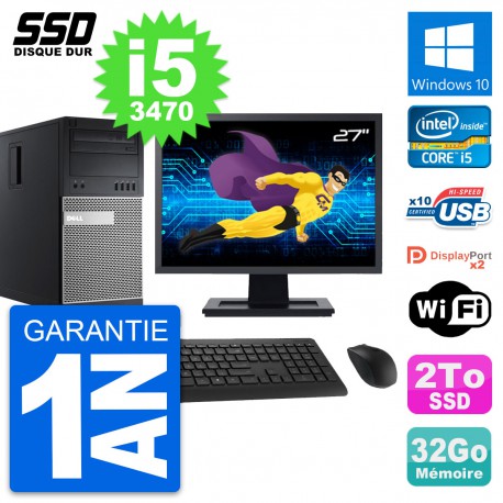 PC Tour Dell 9010 Ecran 27" Intel Core i5-3470 RAM 32Go SSD 2To Windows 10 Wifi