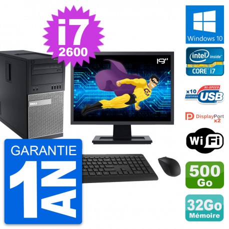 PC Tour Dell 9010 Ecran 19" Intel i7-2600 RAM 32Go Disque 500Go Windows 10 Wifi