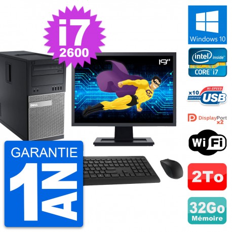 PC Tour Dell 9010 Ecran 19" Intel i7-2600 RAM 32Go Disque 2To Windows 10 Wifi