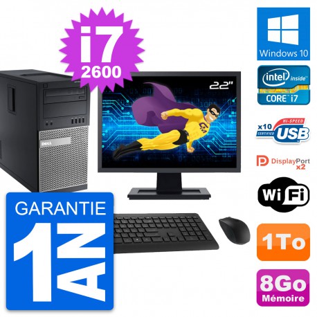 PC Tour Dell 9010 Ecran 22" Intel i7-2600 RAM 8Go Disque Dur 1To Windows 10 Wifi