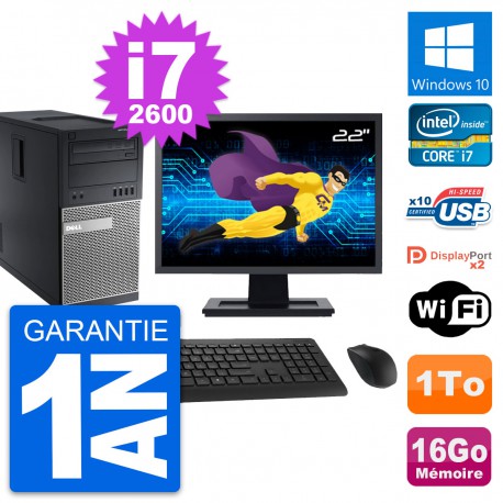 PC Tour Dell 9010 Ecran 22" Intel i7-2600 RAM 16Go Disque 1To Windows 10 Wifi