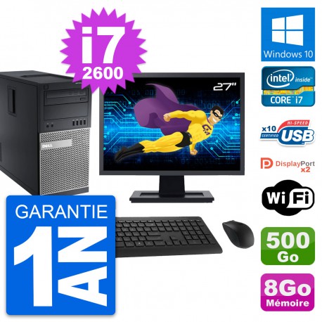 PC Tour Dell 9010 Ecran 27" Intel i7-2600 RAM 8Go Disque 500Go Windows 10 Wifi