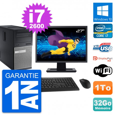 PC Tour Dell 9010 Ecran 27" Intel i7-2600 RAM 32Go Disque 1To Windows 10 Wifi