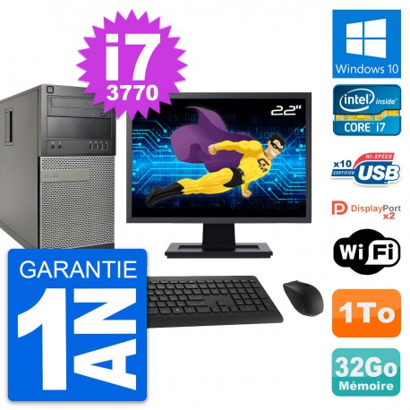 PC Tour Dell 9010 Ecran 22" Intel i7-3770 RAM 32Go Disque 1To Windows 10 Wifi