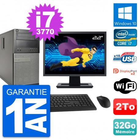 PC Tour Dell 9010 Ecran 22" Intel i7-3770 RAM 32Go Disque 2To Windows 10 Wifi
