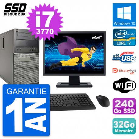 PC Tour Dell 9010 Ecran 22" Intel i7-3770 RAM 32Go SSD 240Go Windows 10 Wifi
