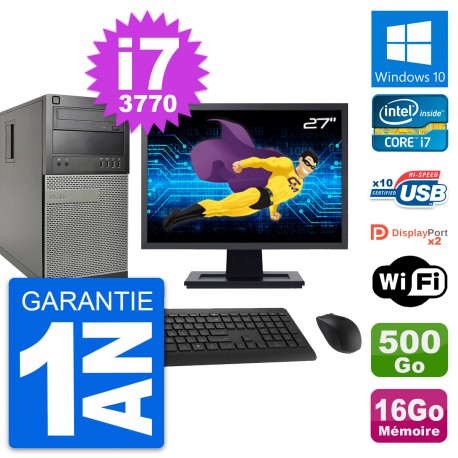 PC Tour Dell 9010 Ecran 27" Intel i7-3770 RAM 16Go Disque 500Go Windows 10 Wifi
