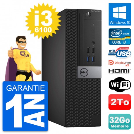 PC Dell OptiPlex 7040 SFF Core i3-6100 RAM 32Go Disque 2To HDMI Windows 10 Wifi
