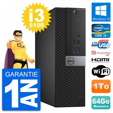 PC Dell OptiPlex 7040 SFF Core i3-6100 RAM 64Go Disque 1To HDMI Windows 10 Wifi