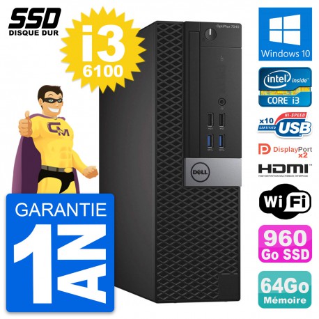 PC Dell OptiPlex 7040 SFF Core i3-6100 RAM 64Go SSD 960Go HDMI Windows 10 Wifi