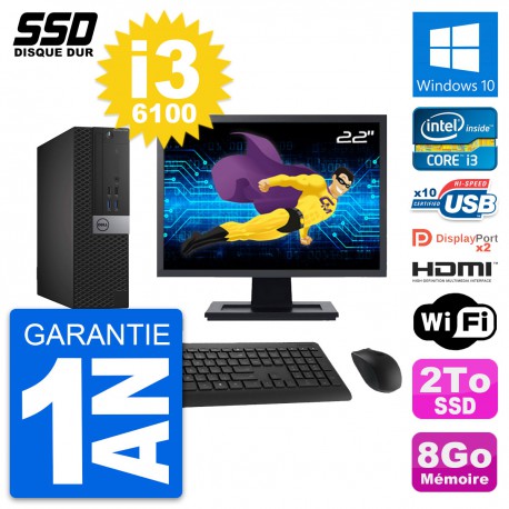 PC Dell 7040 SFF Ecran 22" Intel i3-6100 RAM 8Go SSD 2To HDMI Windows 10 Wifi