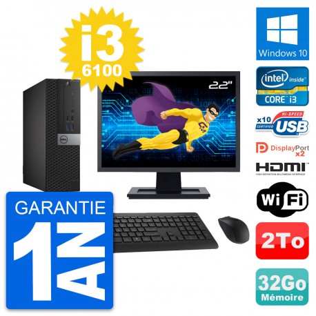 PC Dell 7040 SFF Ecran 22" i3-6100 RAM 32Go Disque 2To HDMI Windows 10 Wifi