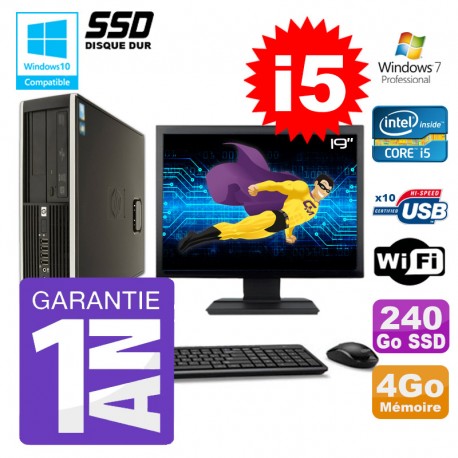 PC HP 8200 SFF Intel I5-2400 4Go Disque 240Go SSD Graveur Wifi W7 Ecran 19"