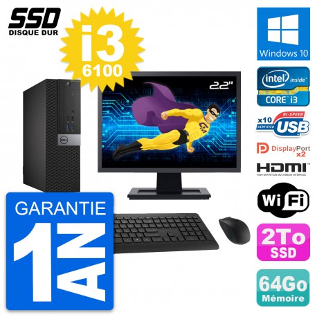 PC Dell 7040 SFF Ecran 22" Intel i3-6100 RAM 64Go SSD 2To HDMI Windows 10 Wifi