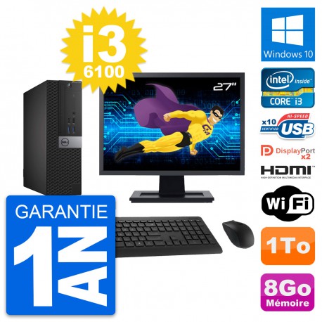 PC Dell 7040 SFF Ecran 27" Core i3-6100 RAM 8Go Disque 1To HDMI Windows 10 Wifi