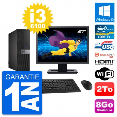 PC Dell 7040 SFF Ecran 27" Core i3-6100 RAM 8Go Disque 2To HDMI Windows 10 Wifi