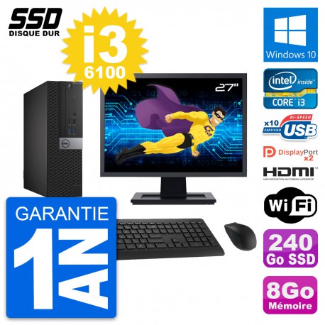 PC Dell 7040 SFF Ecran 27" Intel i3-6100 RAM 8Go SSD 240Go HDMI Windows 10 Wifi