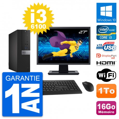 PC Dell 7040 SFF Ecran 27" i3-6100 RAM 16Go Disque 1To HDMI Windows 10 Wifi