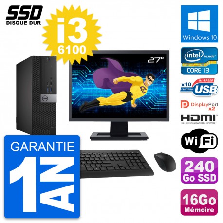 PC Dell 7040 SFF Ecran 27" Core i3-6100 RAM 16Go SSD 240Go HDMI Windows 10 Wifi