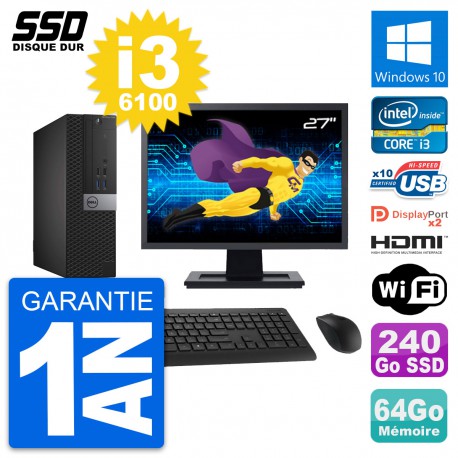 PC Dell 7040 SFF Ecran 27" Core i3-6100 RAM 64Go SSD 240Go HDMI Windows 10 Wifi