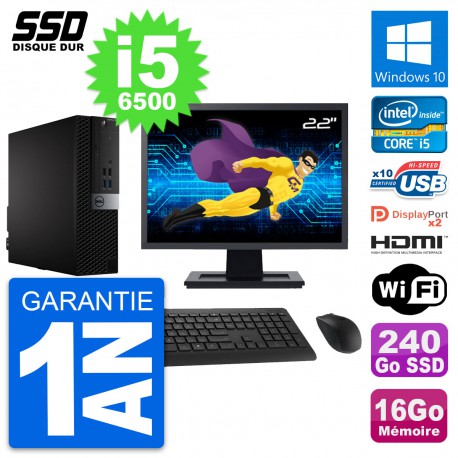 PC Dell 7040 SFF Ecran 22" Core i5-6500 RAM 16Go SSD 240Go HDMI Windows 10 Wifi