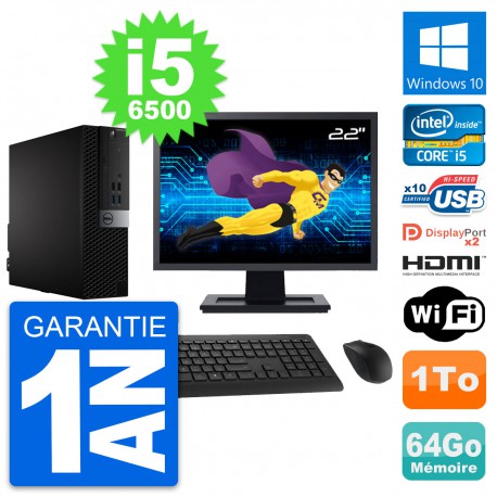 PC Dell 7040 SFF Ecran 22" i5-6500 RAM 64Go Disque 1To HDMI Windows 10 Wifi