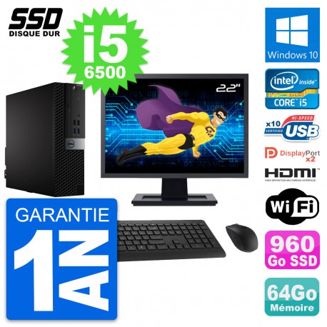 PC Dell 7040 SFF Ecran 22" Core i5-6500 RAM 64Go SSD 960Go HDMI Windows 10 Wifi