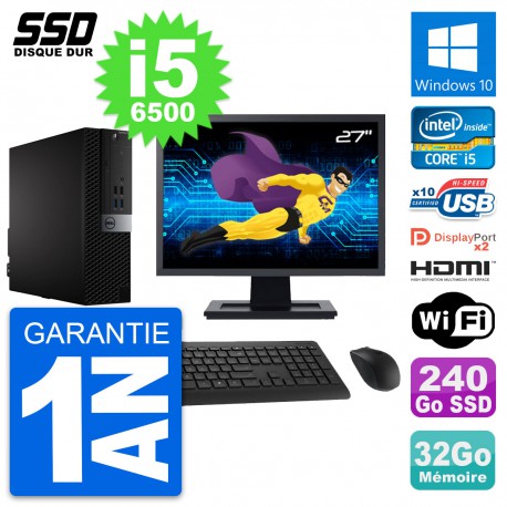 PC Dell 7040 SFF Ecran 27" Core i5-6500 RAM 32Go SSD 240Go HDMI Windows 10 Wifi
