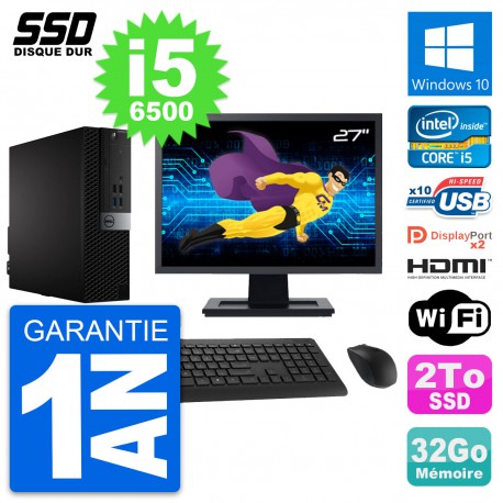 PC Dell 7040 SFF Ecran 27" Intel i5-6500 RAM 32Go SSD 2To HDMI Windows 10 Wifi