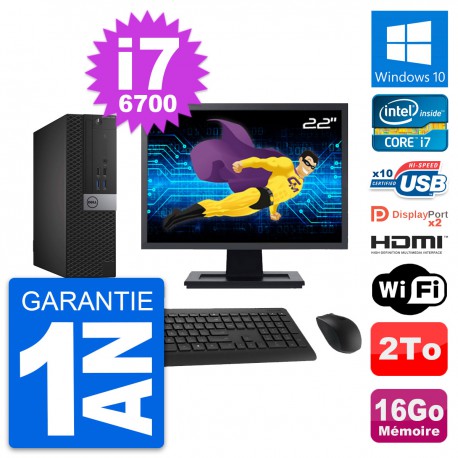 PC Dell 7040 SFF Ecran 22" i7-6700 RAM 16Go Disque 2To HDMI Windows 10 Wifi