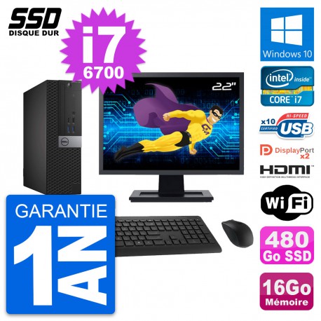 PC Dell 7040 SFF Ecran 22" Core i7-6700 RAM 16Go SSD 480Go HDMI Windows 10 Wifi
